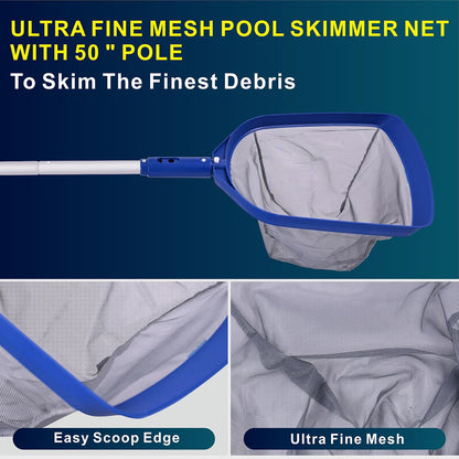 POOLAZA 3-in-1 Pool Cleaning Kit, Pool Skimmer Net, Pool Brush & 50-Inch Aluminum Pole, Fine Mesh Pool Leaf Skimmer with Nylon Bristles for Pool, Spa, Hot Tub & Pond