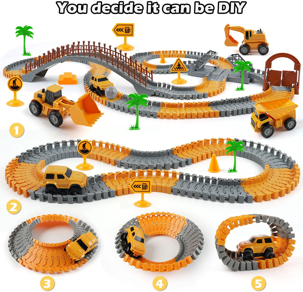 TGJH Construction Race Car Track Set for Kids, 220+ Piece Flexible Engineering Toy with 2 Electric Cars and 3 Construction Trucks, DIY Building Track Playset for Ages 3–7