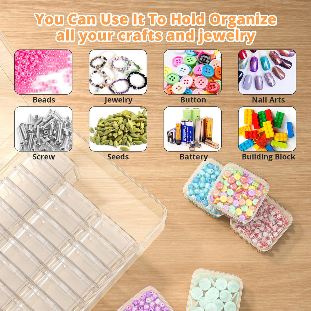 Mathtoxyz Bead Organizer Box, 30-Piece Clear Plastic Storage Containers with Hinged Lids, Stackable Mini Boxes for Beads, Jewelry, Crafts, Nails & Small Parts