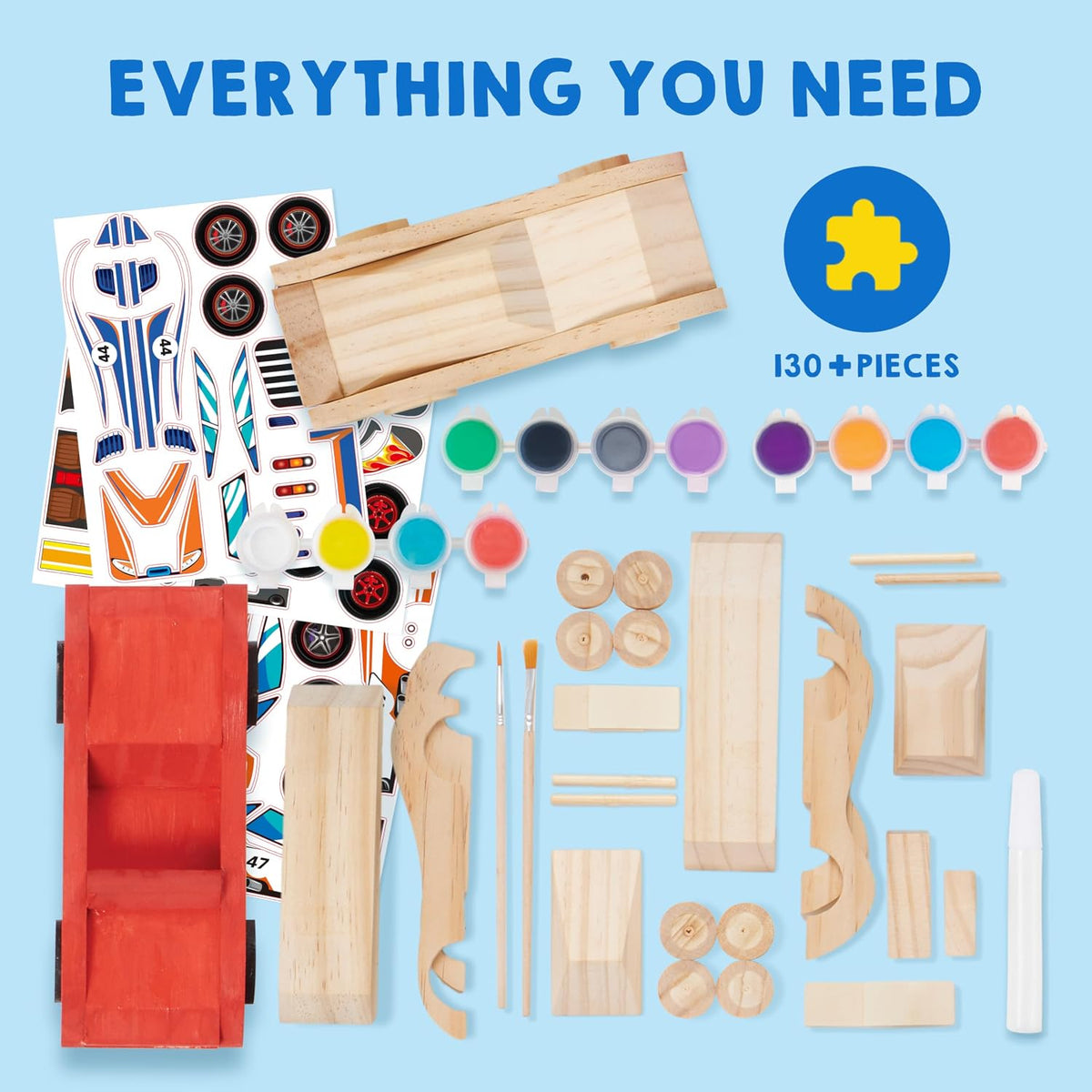 Klever Kits 4 DIY Wooden Race Cars Craft Kit, Build & Paint Your Own Wooden Race Cars, 44-Piece Arts & Crafts Set with Paints, Brushes, Stickers & Glue, Kids Ages 8+, Multicolor