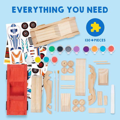 Klever Kits 4 DIY Wooden Race Cars Craft Kit, Build & Paint Your Own Wooden Race Cars, 44-Piece Arts & Crafts Set with Paints, Brushes, Stickers & Glue, Kids Ages 8+, Multicolor