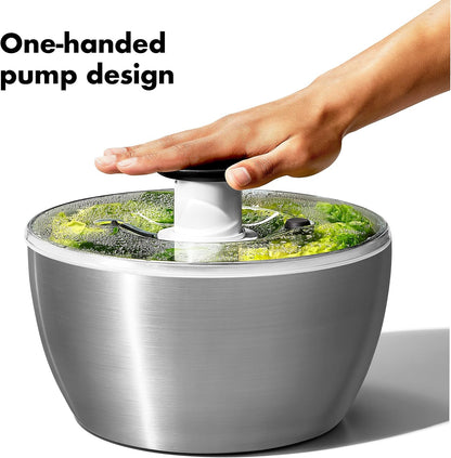 OXO Good Grips Stainless Steel Salad Spinner, Vegetable Washer - 6.22 Qt Spin Dry Produce, Serving and Storage, Non-Slip, One-Handed Pump, Brake Button, Dishwasher Safe, Large-Capacity Bowl