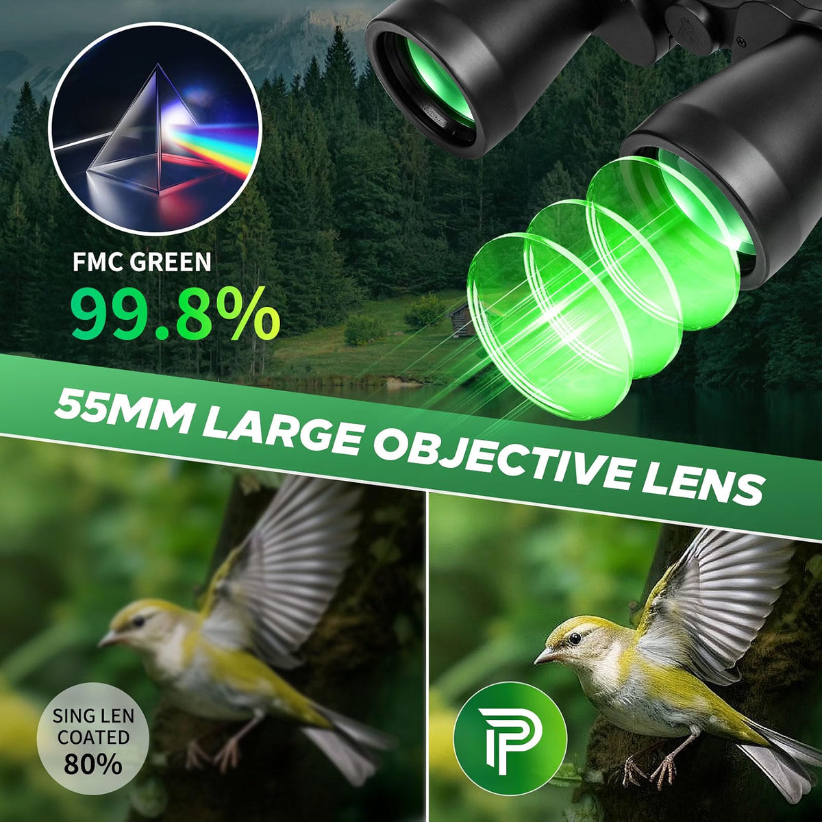 Pankoo 20x55 High-Powered Binoculars for Adults with Phone Adapter, BAK4 Prism & FMC Coating, Waterproof Fogproof Outdoor Binoculars for Bird Watching, Travel & Wildlife