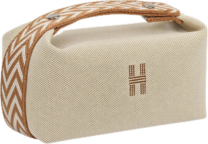 HyperionFlo Essentials Portable Canvas Makeup Bag, Small Toiletry Bag with Zipper, Hanging Loop & Convertible Handles, Beige