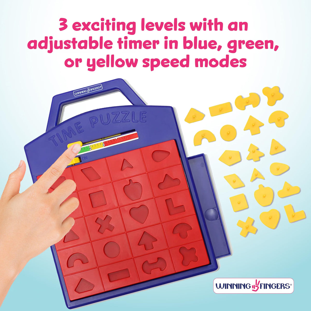 Winning Fingers Shape Toy Puzzle Game, Pop-Up Board Game with Shape Puzzles, 2-Player Matching & Concentration Game for Kids Ages 3+, Blue