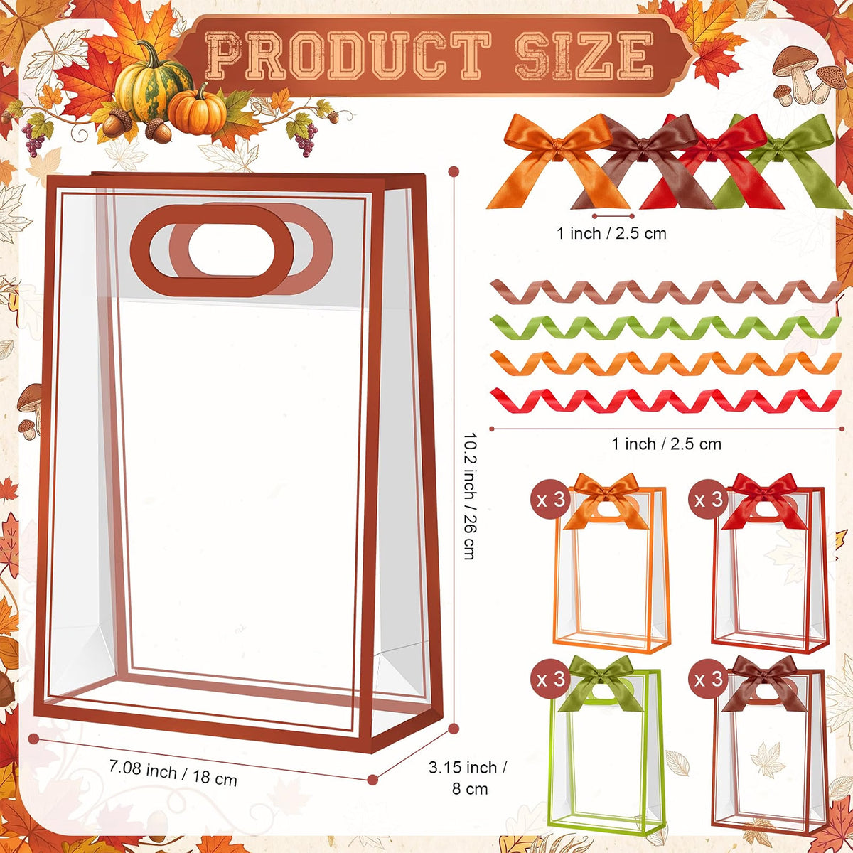 Mooliwe 12-Pack Fall Clear Plastic Gift Bags with Handles and Ribbons, Thanksgiving Goodie Bags for Candy, Small Gifts, Party Favors & Autumn Events