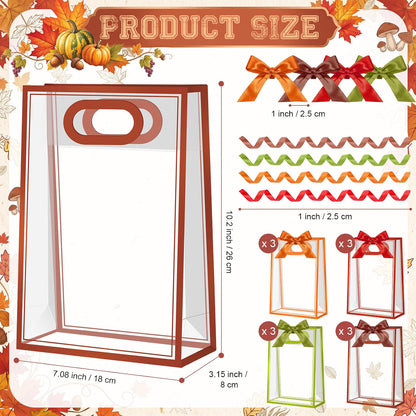 Mooliwe 12-Pack Fall Clear Plastic Gift Bags with Handles and Ribbons, Thanksgiving Goodie Bags for Candy, Small Gifts, Party Favors & Autumn Events