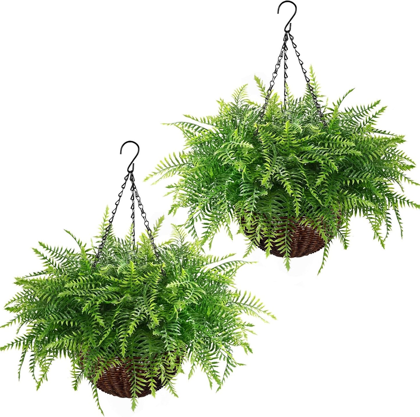 Waipfaru 2 Pack Fake Hanging Fern Plants Outdoor - Green UV Resistant Artificial Outdoor Hanging Plants, Realistic Faux Greenery Fern for Patio Front Porch Garden Home Decor