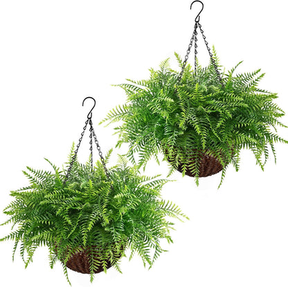 Waipfaru 2 Pack Fake Hanging Fern Plants Outdoor - Green UV Resistant Artificial Outdoor Hanging Plants, Realistic Faux Greenery Fern for Patio Front Porch Garden Home Decor