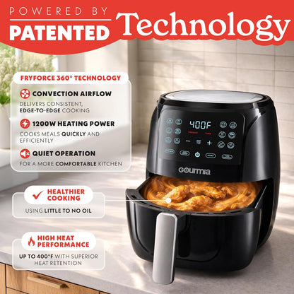 Gourmia Air Fryer - 4 Qt Basket Capacity, 12 Cooking Presets, Black Digital Display, Touch Controls, 90–400°F Adjustable Temperature, Dishwasher-Safe Basket & Crisper Tray