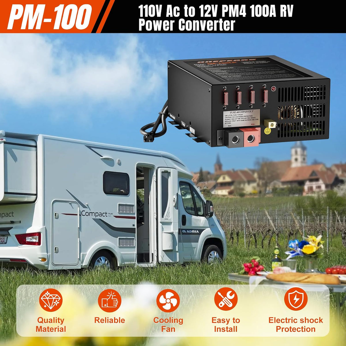PM4 100 Amp RV Power Converter - Power Converter with Built-in 4 Stage Smart Battery Charger - Multiple Capacities 100A 110V AC to 12V DC 100 Amp Battery Charger RV Power Converter Replacement