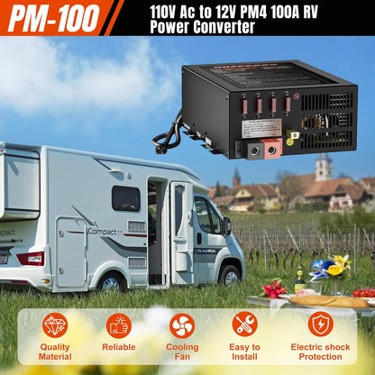 PM4 100 Amp RV Power Converter - Power Converter with Built-in 4 Stage Smart Battery Charger - Multiple Capacities 100A 110V AC to 12V DC 100 Amp Battery Charger RV Power Converter Replacement