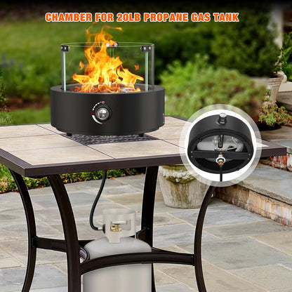 15.7" Gas Fire Pit Bottom-Mounted for Table with Umbrella Hole, FP039 Portable Smokeless Propane Fireplace with Lava Rocks & Glass Shield for Outdoor Patio Backyard Camping RV Tailgating, Round