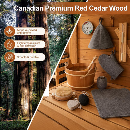 11 Pcs Sauna Accessories Set, Canadian Red Cedar 4L Wooden Sauna Bucket Kit Includes Scoop, Granite Aroma Cup, Thermo‑Hygrometer, Wall Timer, Brush, Cap, Mat, Gloves, Dual Pumice Stones for Home Sauna