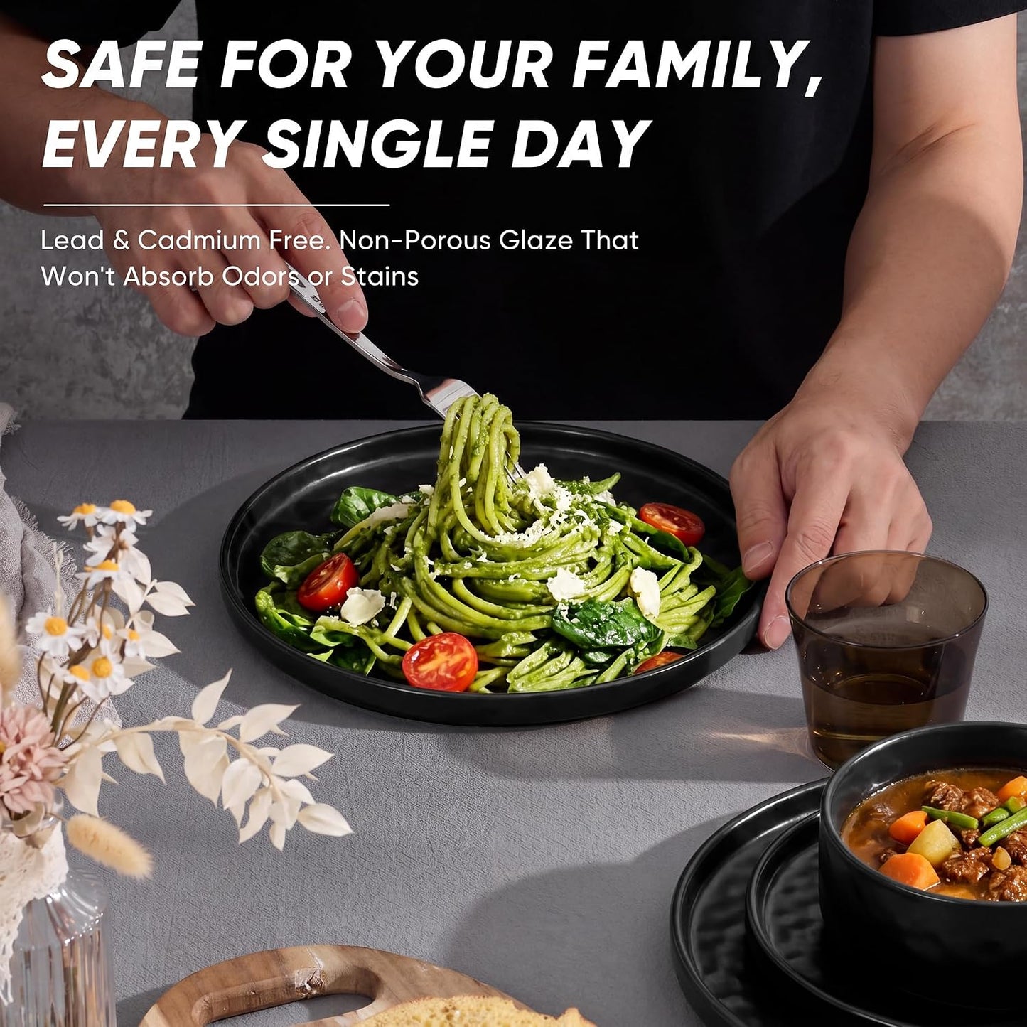E-far Black Plates and Bowls Sets, 12-Piece Stoneware Dinnerware Set for 4 Modern Ripple Design Dishes Set for Kitchen Dining, Chip & Scratch Resistant, Microwave & Dishwasher Safe, Matte Black