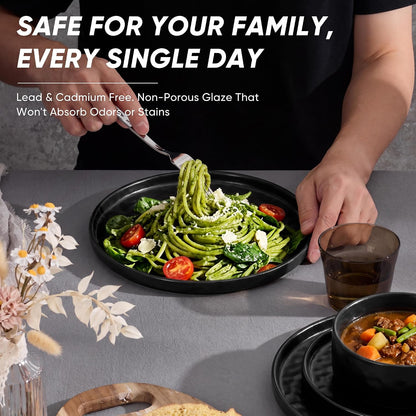 E-far Black Plates and Bowls Sets, 12-Piece Stoneware Dinnerware Set for 4 Modern Ripple Design Dishes Set for Kitchen Dining, Chip & Scratch Resistant, Microwave & Dishwasher Safe, Matte Black