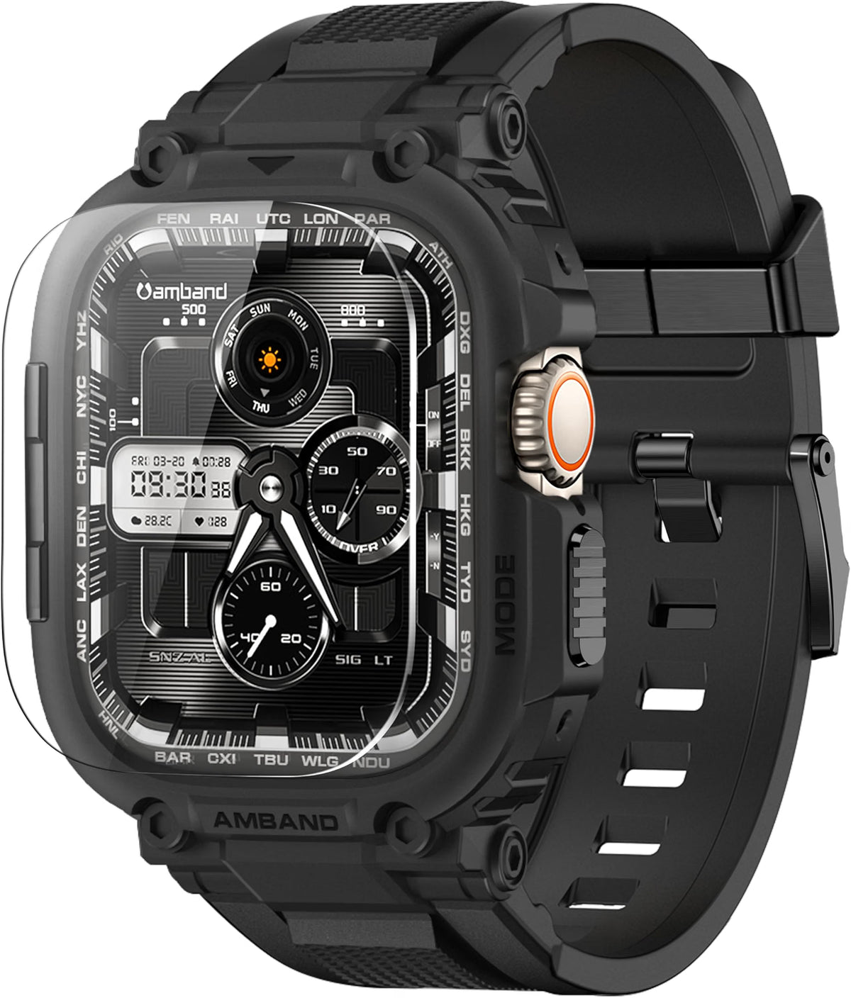 amBand M1 Sport Rugged Apple Watch Ultra Band & Case 49mm, 9H Tempered Glass Screen Protector, TPU Protective Bumper Strap for Men, Black