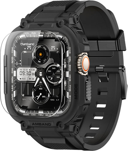 amBand M1 Sport Rugged Apple Watch Ultra Band & Case 49mm, 9H Tempered Glass Screen Protector, TPU Protective Bumper Strap for Men, Black