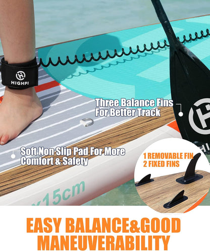 Highpi Inflatable Stand Up Paddle Board for Youth and Adults, 11-Foot Wide SUP with Premium Accessories, 350 lb Capacity, EVA Non-Slip Deck, Classic Wood
