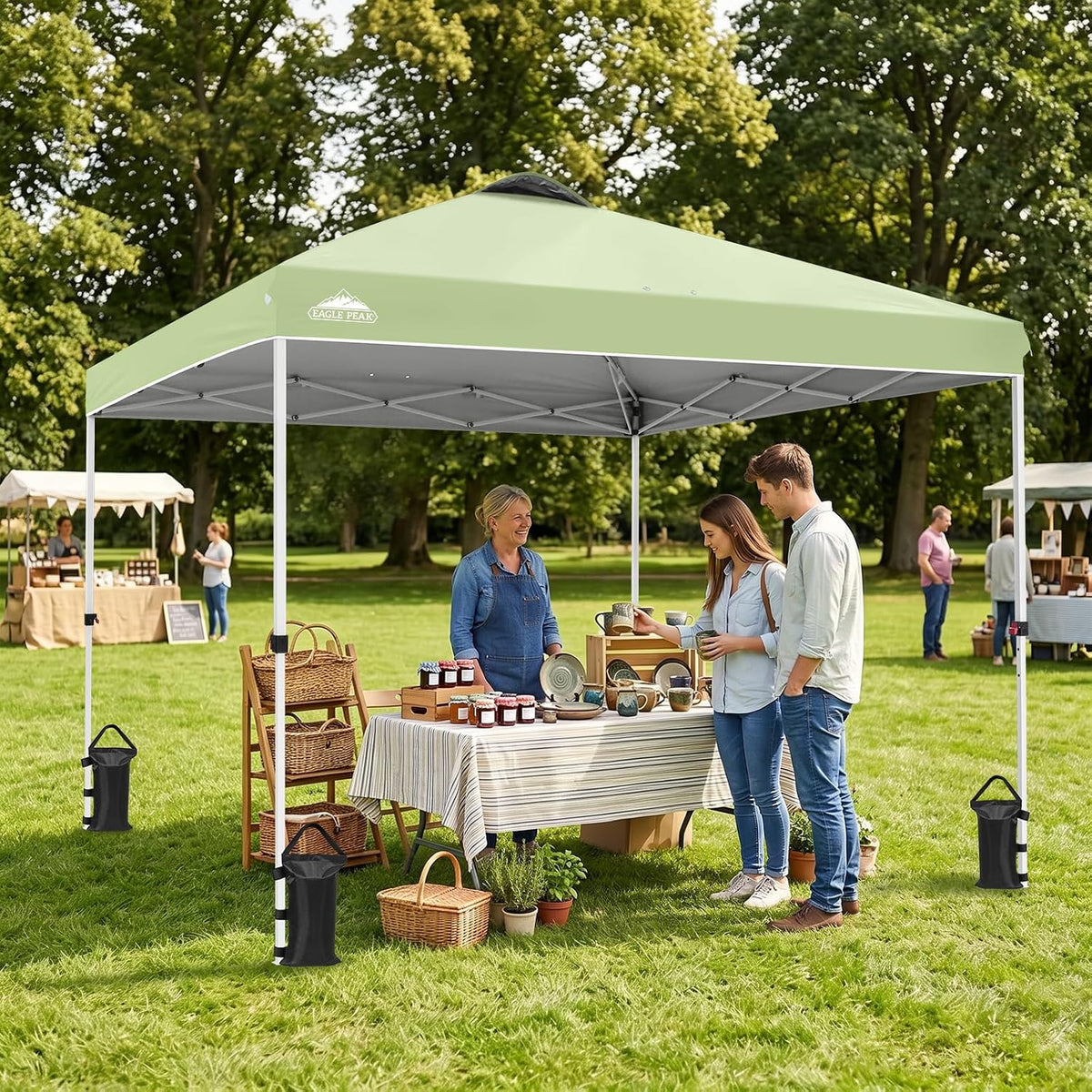 EAGLE PEAK 10x10 Pop Up Canopy Tent, Easy Setup Outdoor Canopy with Vented 150D Silver-Coated Top, Steel Frame, UPF 50+ Sun Protection & Weight Bags, Smoke Green