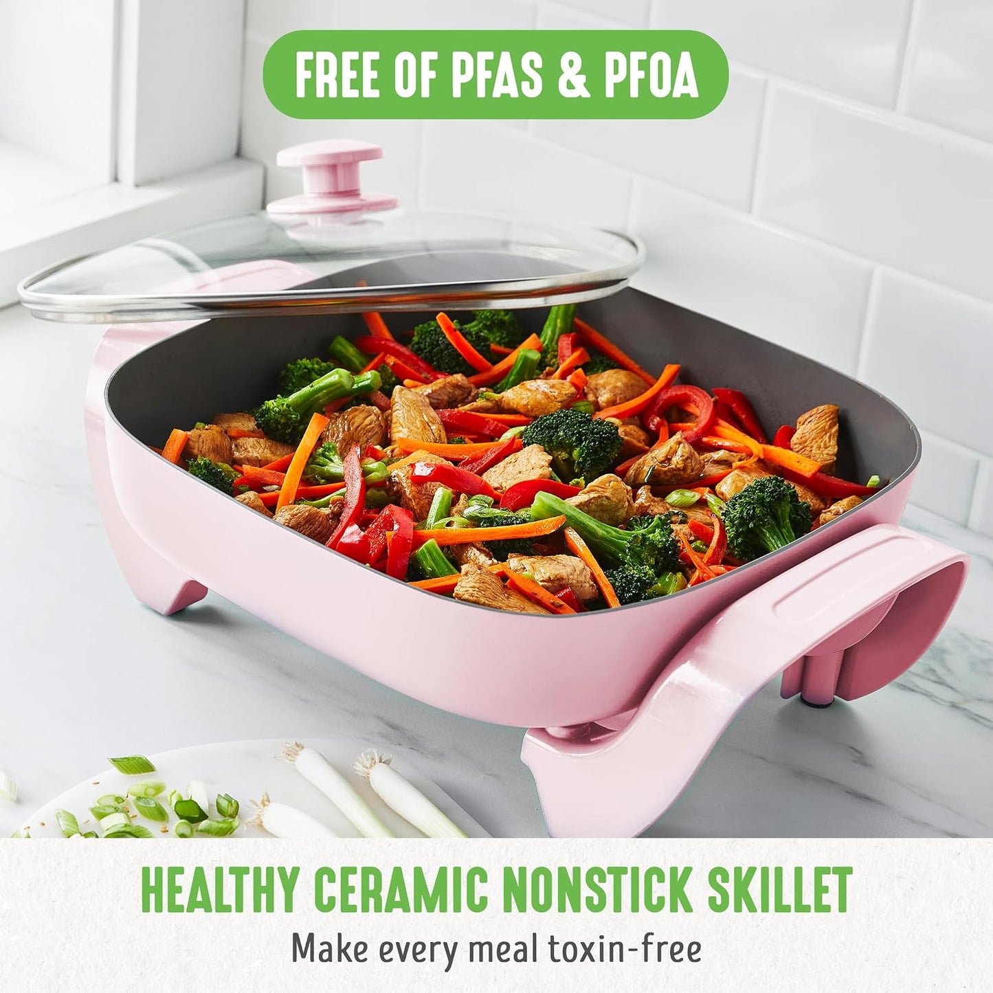 GreenLife 12" 5QT Electric Skillet, Pink PFAS-Free Ceramic Nonstick Coated Interior, Glass Vented Lid, Temperature Control, Dishwasher Safe, Pancakes, Eggs, Bacon