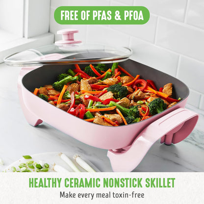 GreenLife 12" 5QT Electric Skillet, Pink PFAS-Free Ceramic Nonstick Coated Interior, Glass Vented Lid, Temperature Control, Dishwasher Safe, Pancakes, Eggs, Bacon
