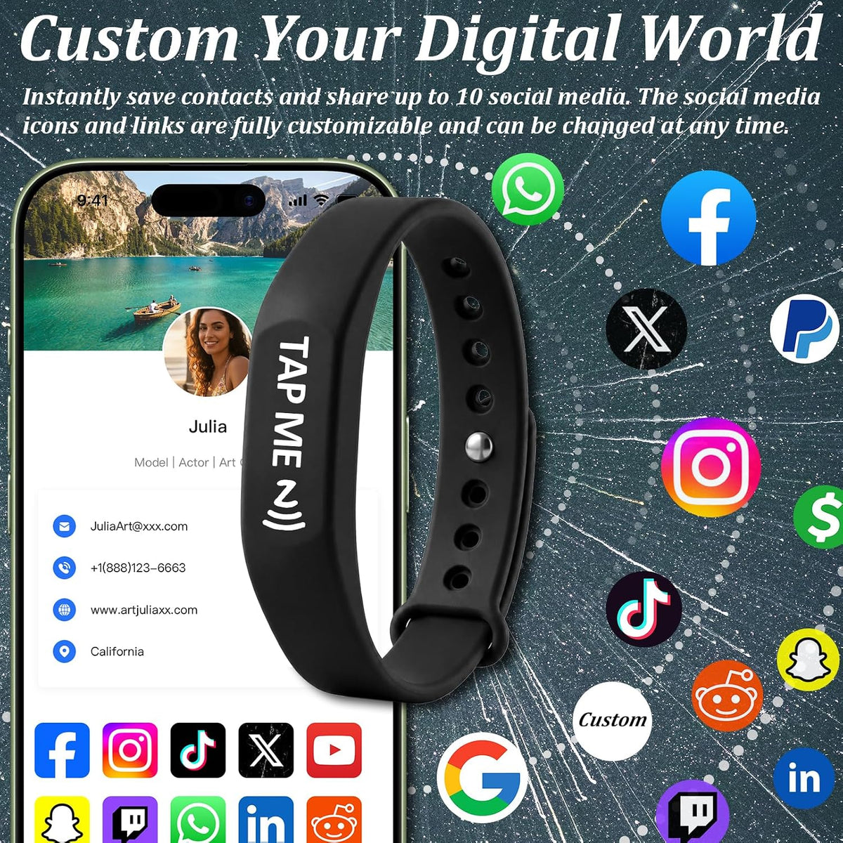 Digital Business Card Wristband | Blue NFC & QR Code Bracelet for Instant Social Media and Contact Sharing