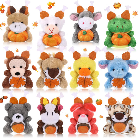 Blueweenly 24-Piece Mini Thanksgiving Stuffed Animal Bulk Set, 12 Fall Animal Designs, Small Plush Keychain Ornaments for Party Favors, Gifts & Fall Decorations