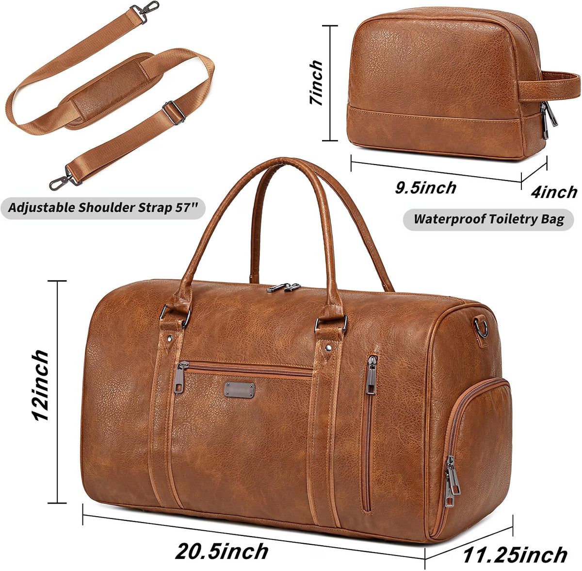 HyperionFlo Essentials Large Travel Duffel Bag for Women & Men, Waterproof Faux Leather Weekender Bag with Shoe Compartment, Toiletry Bag & Luggage Sleeve, Brown