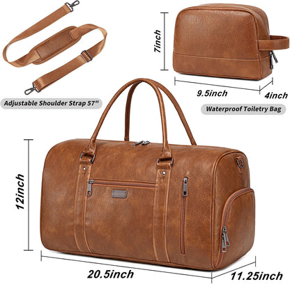 HyperionFlo Essentials Large Travel Duffel Bag for Women & Men, Waterproof Faux Leather Weekender Bag with Shoe Compartment, Toiletry Bag & Luggage Sleeve, Brown