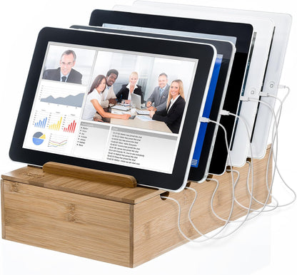 Prosumer's Choice Wooden Charging Station Organizer - 5-Port Base for Phones, Tablets and Laptops - Multi-Device Docking Station with Removable Divider Slots - Cord Box with Cable Management - Bamboo