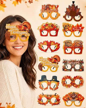Mega-L 12-Pack Thanksgiving Fall Eyeglasses, Assorted Turkey & Maple Leaf Party Glasses for Adults & Teens, Friendsgiving & Autumn Photo Booth Accessories