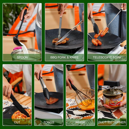 Wesqunie Camping Cooking Utensils Set, Cookware Set for Outdoor Hiking BBQ Stainless Steel & Silicone Mess Kit, Durable Outdoor Kitchen Gear for Hiking, RV, Picnic Grill & Travel Camping Meal Prep