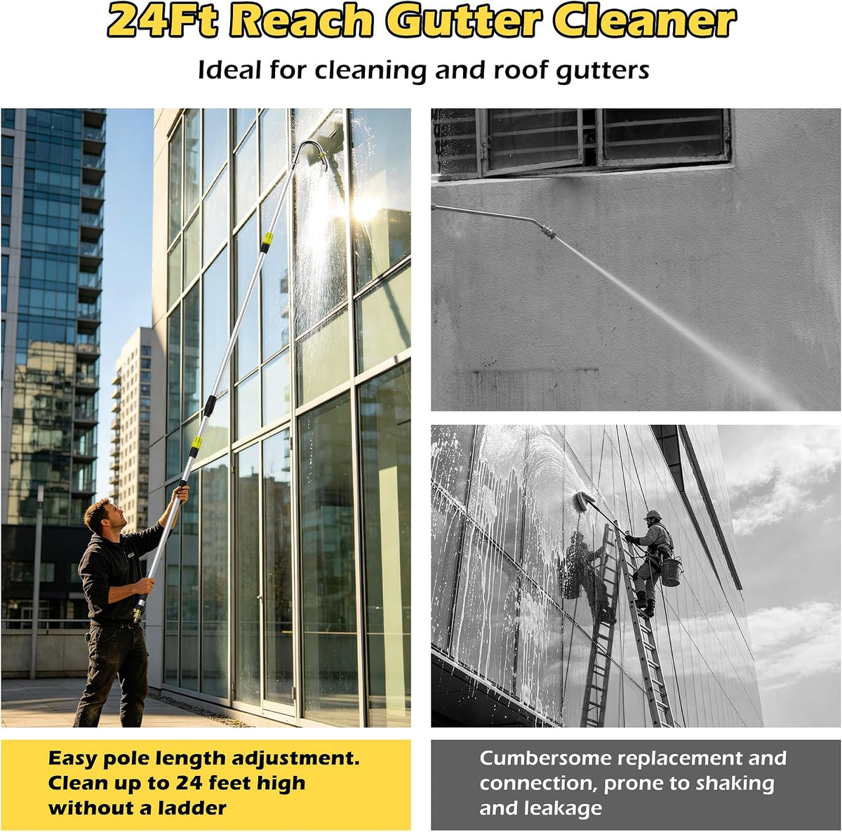 24FT Reach Telescopic Gutter Cleaning Tool, 8-15FT Gutter Cleaner from the ground with 360°Rotatable Duckbill Metal Head, Shut Off Valve, Leak-Proof Gutter Cleaning Wand for Garden Hose