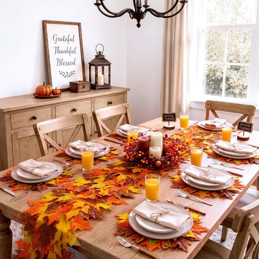 7 Pcs Fall Thanksgiving Maple Leaves Table Runner and Placemats Set 14 x 71'' 3D Multilayer Leaf Table Runner, 15'' Autumn Placemats Set of 6, Washable, for Home Fall Thanksgiving Table Decor