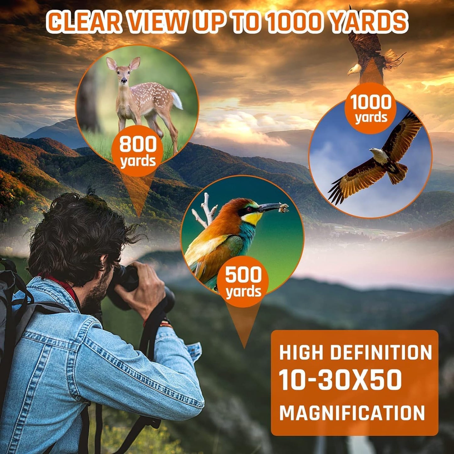 10-30x50 Zoom Binoculars for Adults High Powered HD Optics,Waterproof, Fogproof,Military,Bird Watching,Traveling Concerts,Large View,BAK4,FMC Lens,Clear Low Light Vision