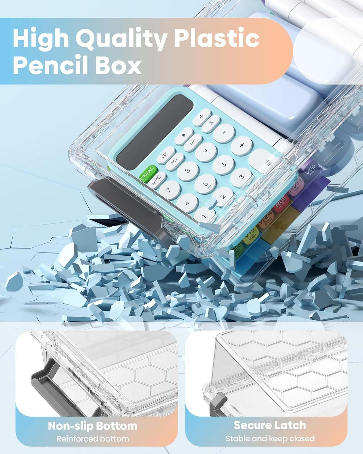BiuLeon 8-Pack Large Pencil Box Set, Clear Plastic Pencil Cases with Snap-Tight Lids, Stackable Marker & Crayon Organizer Boxes for School, Office, Art & Craft Supplies, Grey