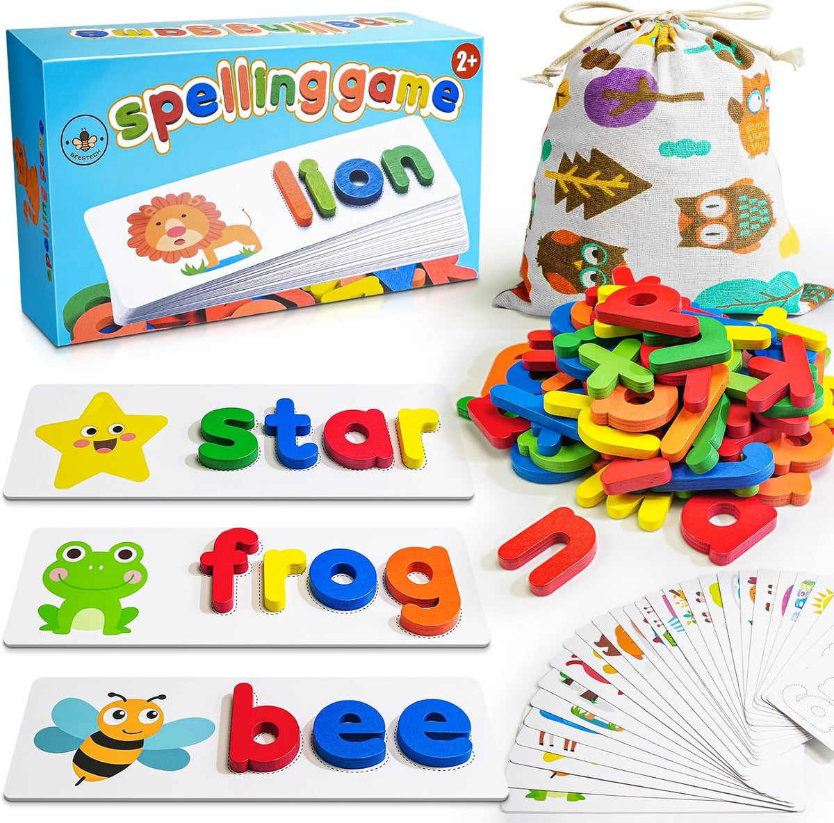 BEESTECH Alphabet ABC Learning Educational Toys for Toddlers, Wooden Letter Matching Game with 28 Flash Cards & 52 Letters, Preschool ABC Learning Toy for Ages 3–4, Gift Set