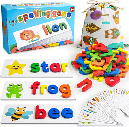 BEESTECH Alphabet ABC Learning Educational Toys for Toddlers, Wooden Letter Matching Game with 28 Flash Cards & 52 Letters, Preschool ABC Learning Toy for Ages 3–4, Gift Set