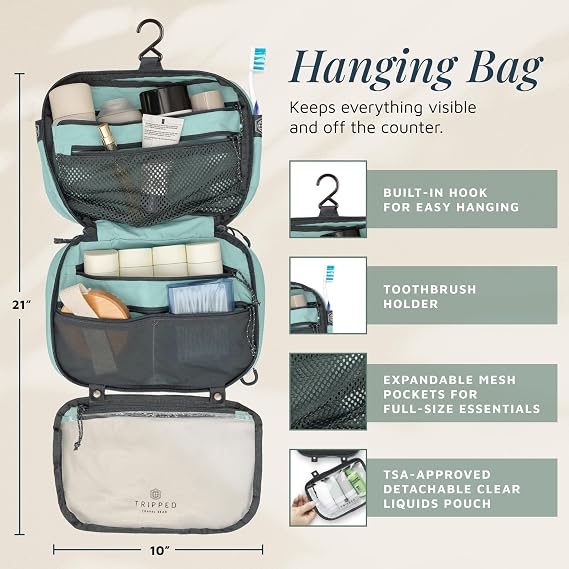 TRIPPED Travel Gear 3-Piece Travel Toiletry Bag Set Includes Hanging Toiletry Bag, 311 TSA Liquid Bag, and Accessory Organizer Pouch with Lightweight Ripstop Construction