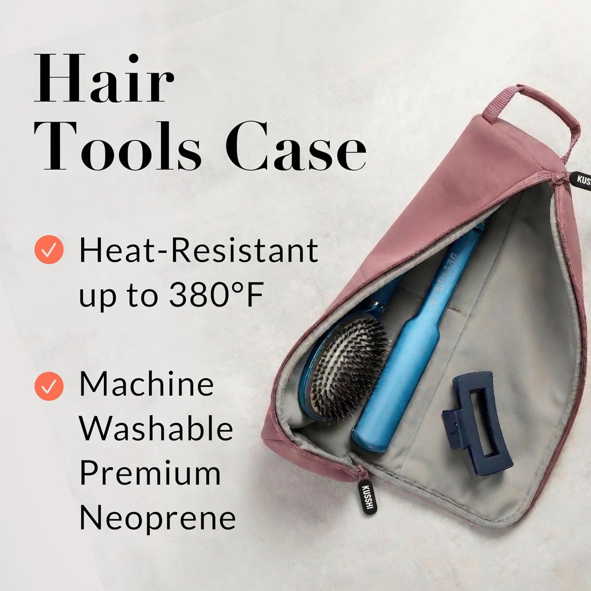 KUSSHI Travel Hair Tools Case - Heat Resistant, Machine Washable Neoprene Hair Accessories Case For Hot Tools, Flat Irons and Airwrap-Style Tools (Mauve/Stone)