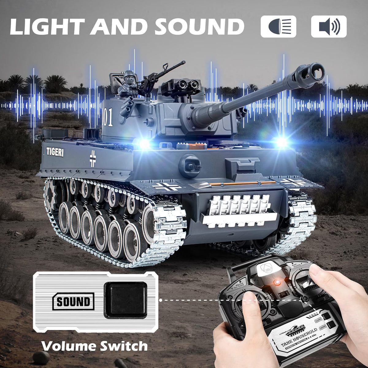 Supdex 1:18 RC Tiger I Military Tank, Alloy Metal Tracks & Wheels, 2.4GHz Remote Control Tank with Smoke, Sound & Lights, Rechargeable Toy Vehicle for Ages 8+, Grey