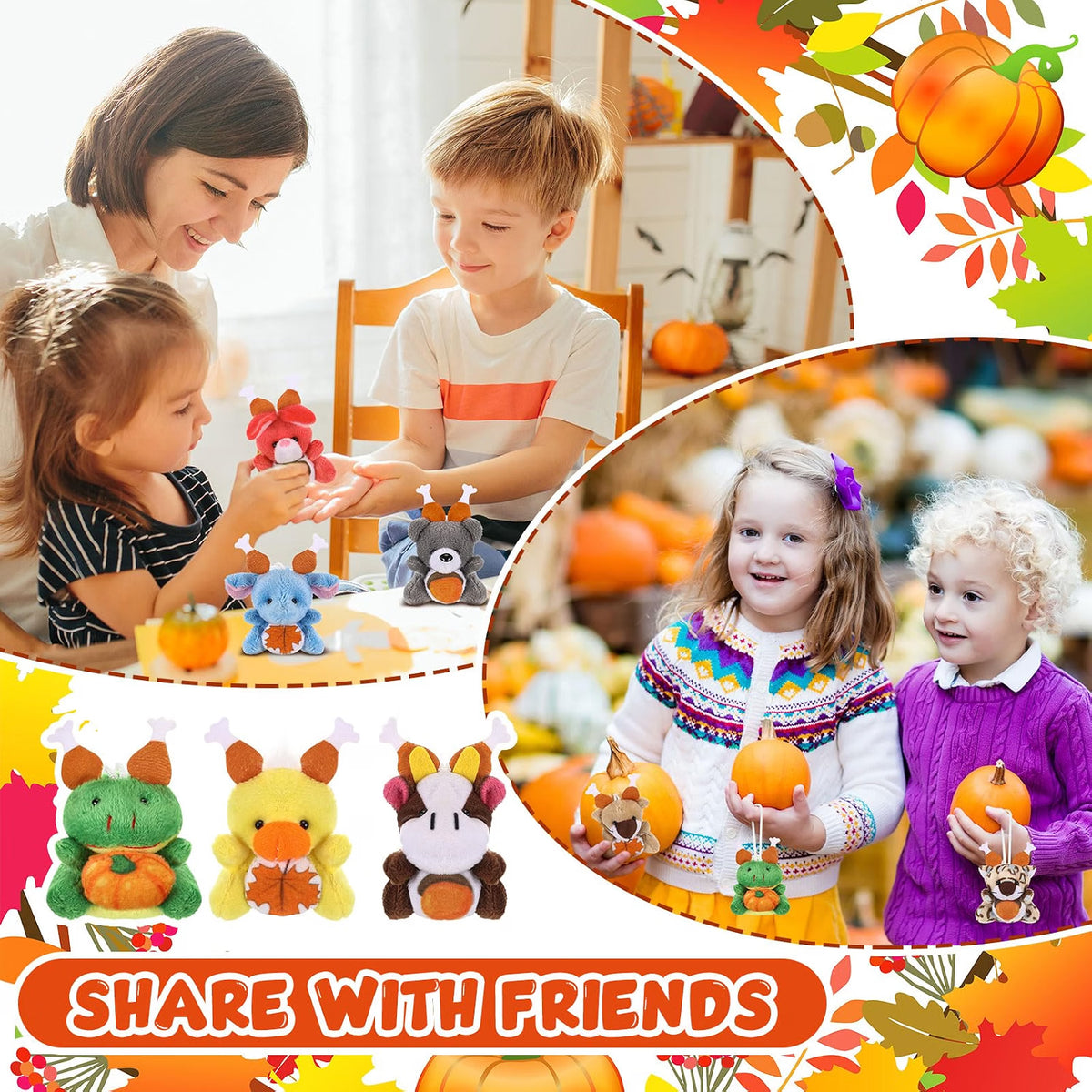 Blueweenly 24-Piece Mini Thanksgiving Stuffed Animal Bulk Set, 12 Fall Animal Designs, Small Plush Keychain Ornaments for Party Favors, Gifts & Fall Decorations