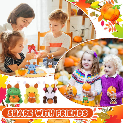 Blueweenly 24-Piece Mini Thanksgiving Stuffed Animal Bulk Set, 12 Fall Animal Designs, Small Plush Keychain Ornaments for Party Favors, Gifts & Fall Decorations