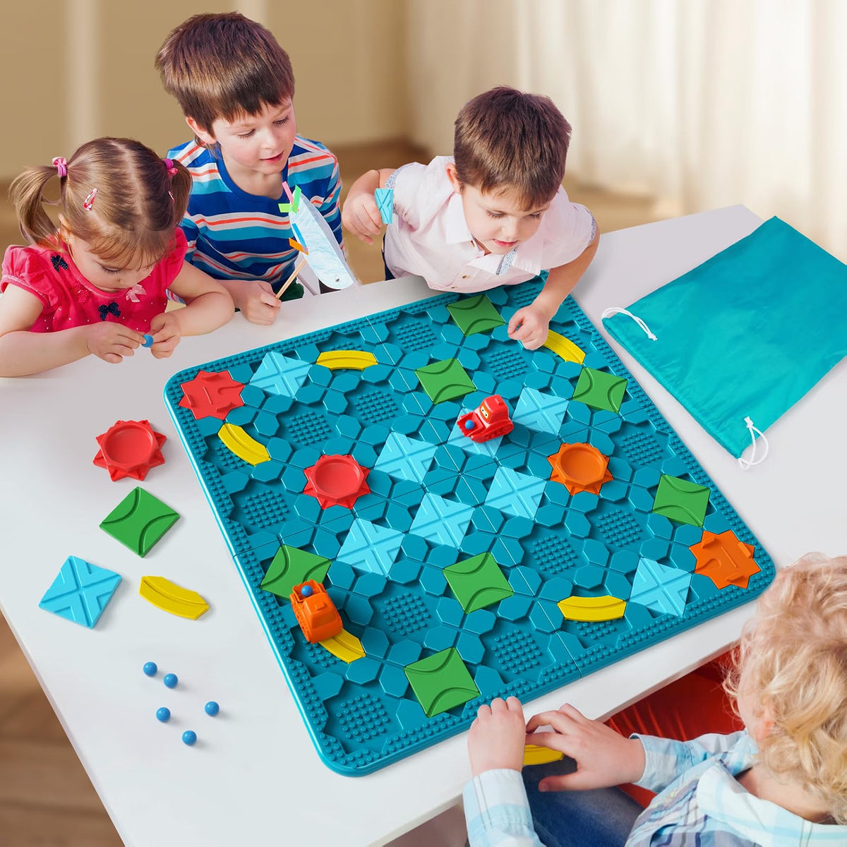 burgkidz STEM Logical Road Builder Board Game, Large 22.05" x 22.05" Maze Puzzle with 200+ Challenges, 3 Game Modes, Pull-Back Cars & Marbles, Educational Toy for Kids Ages 4-8