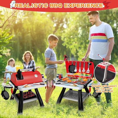 Bstoyder Kids BBQ Grill Playset, 73-Piece Pretend Kitchen Playset with Smoke, Sound & Light, 2-Layer Outdoor Grill Toy with Play Food & Accessories for Toddlers, Red