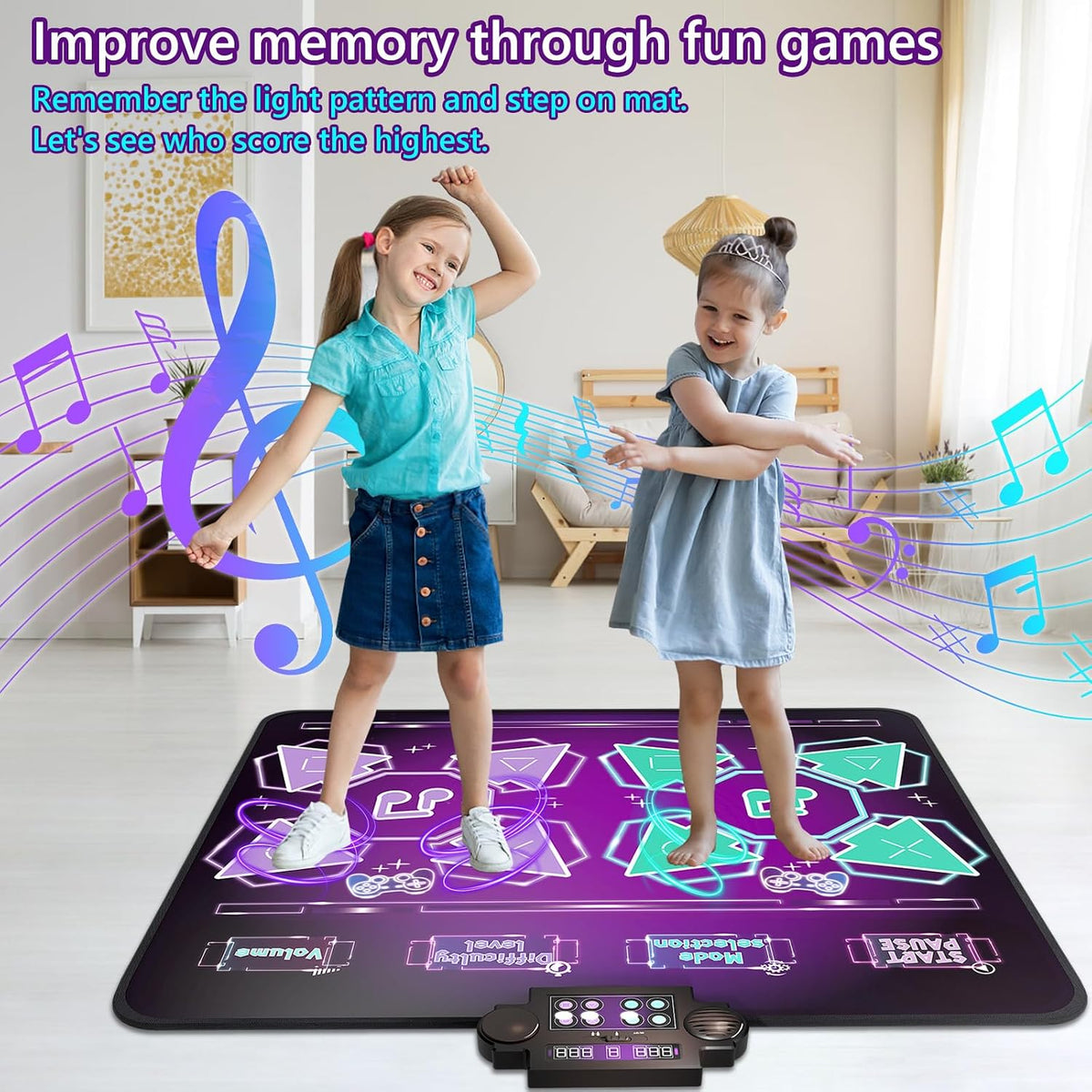 Joyvalley Kids Dance Mat, 2-Player Electronic Dancing Pad with Music, LED Lights, 8 Challenge Levels, Anti-Slip Floor Game Toy, Purple