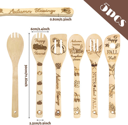 Eartim Autumn Wooden Cooking Utensil Set, 5-Piece Natural Bamboo Kitchen Spoon & Spatula Set with Seasonal Fall Designs, Non-Stick Cookware Tools, Autumn