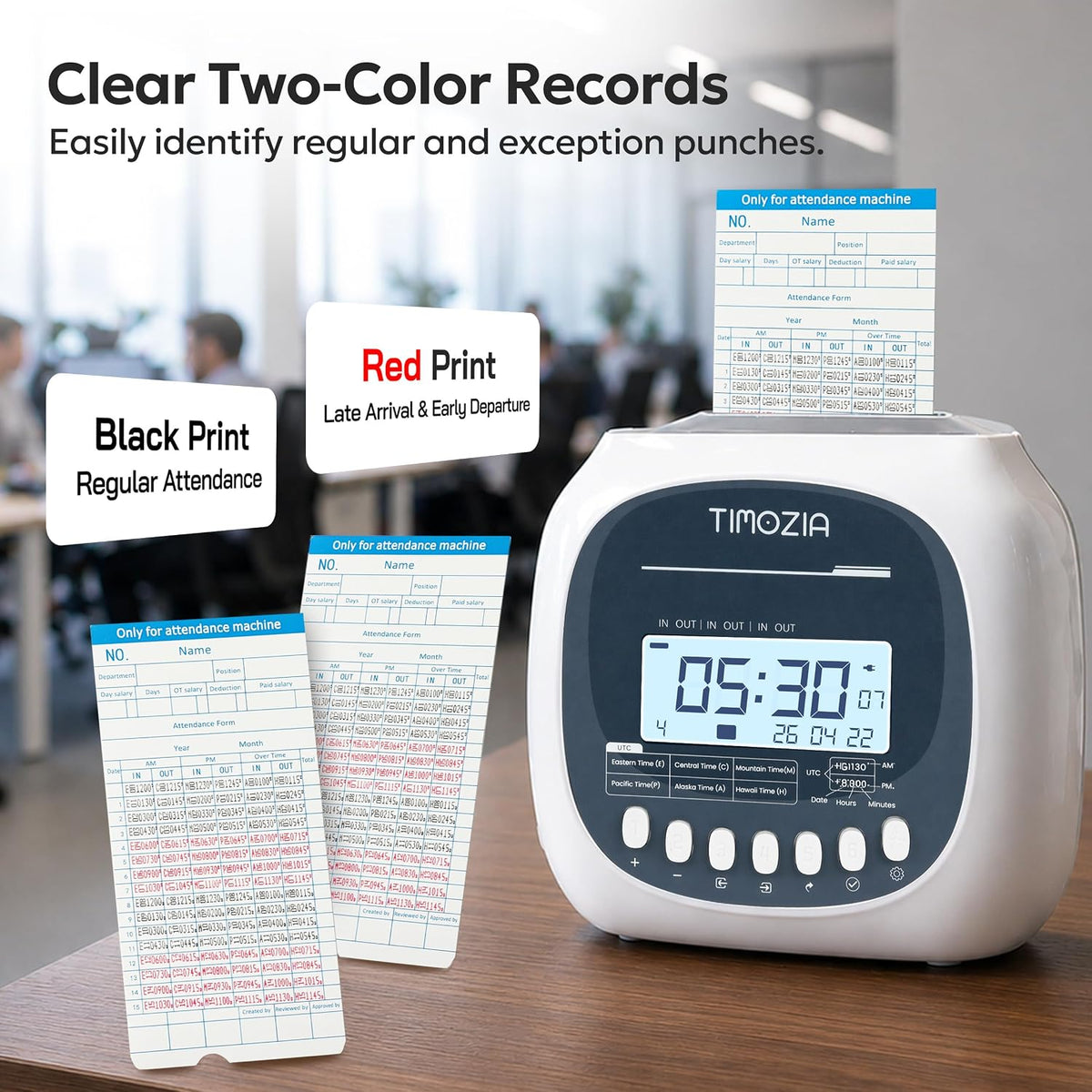 Time Clock for Employees Small Business, 6 U.S. Time Zones, Automatic Daylight Saving & Auto Time Update, Punch Card Time Recorder with 6 Punches Per Day-50 Time Cards and 2 Ribbons (White-3)