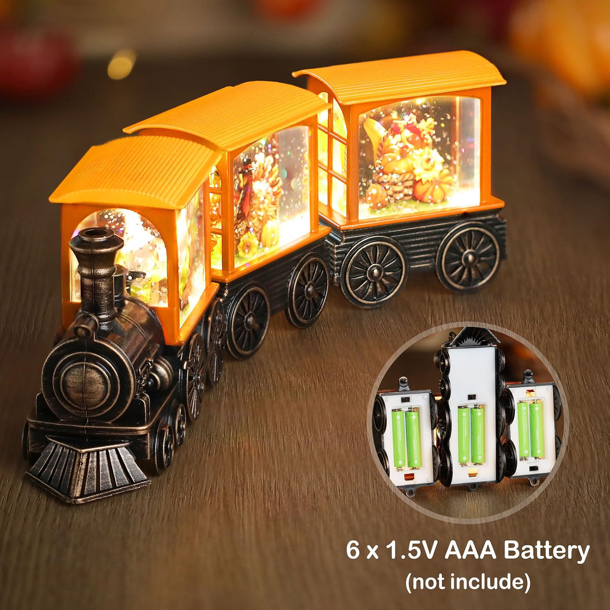 Gorrzai Fall Snow Globe Lantern, Pumpkin Turkey Gnome Train, 6H Timer